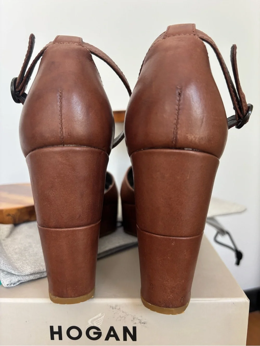 Hogan Brown Leather Wedge Sandals with Ankle Strap, sz 39 Made in Italy
